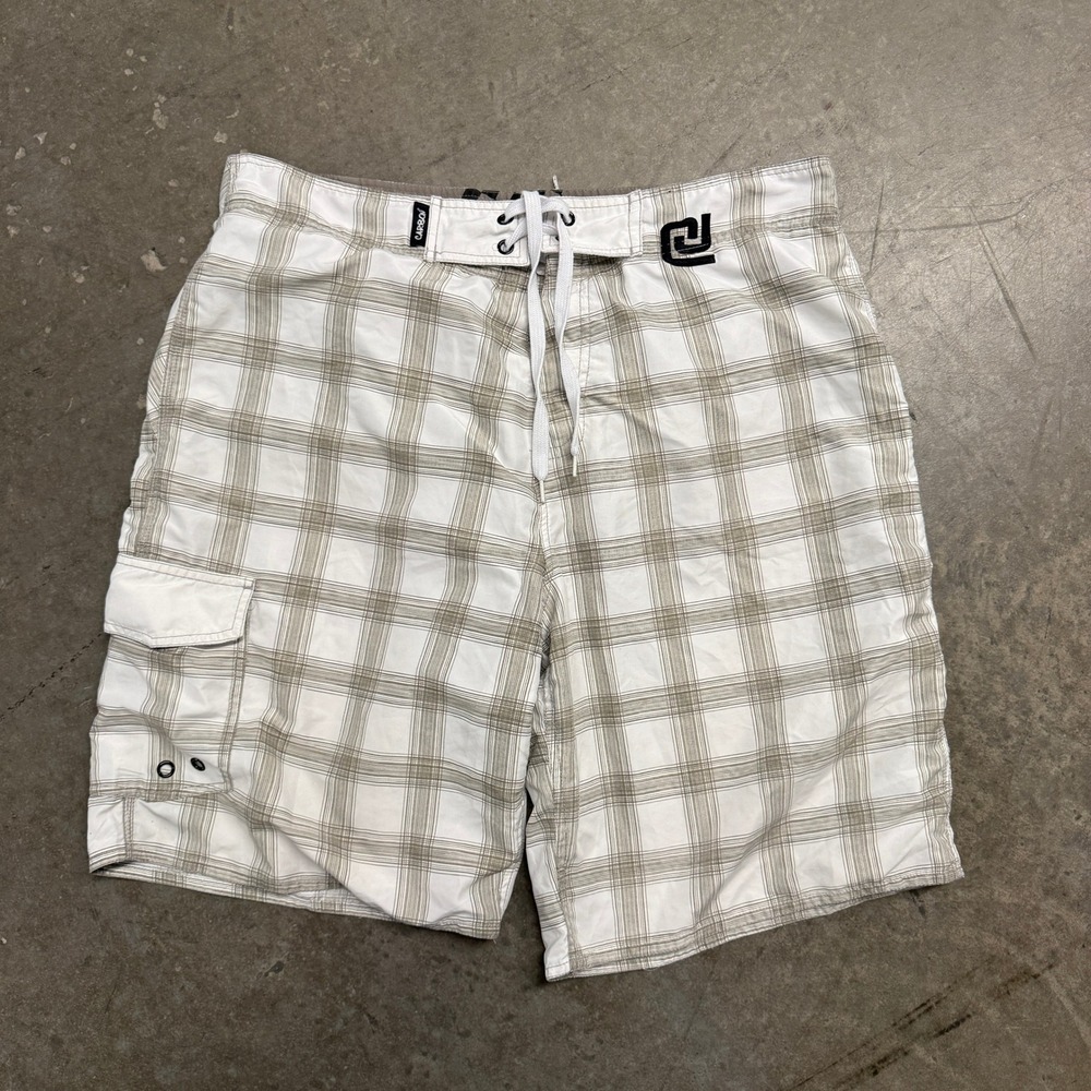 Carbon Mens Board Shorts White Tan Plaid Cargo Pocket Swim Trunks Size Large